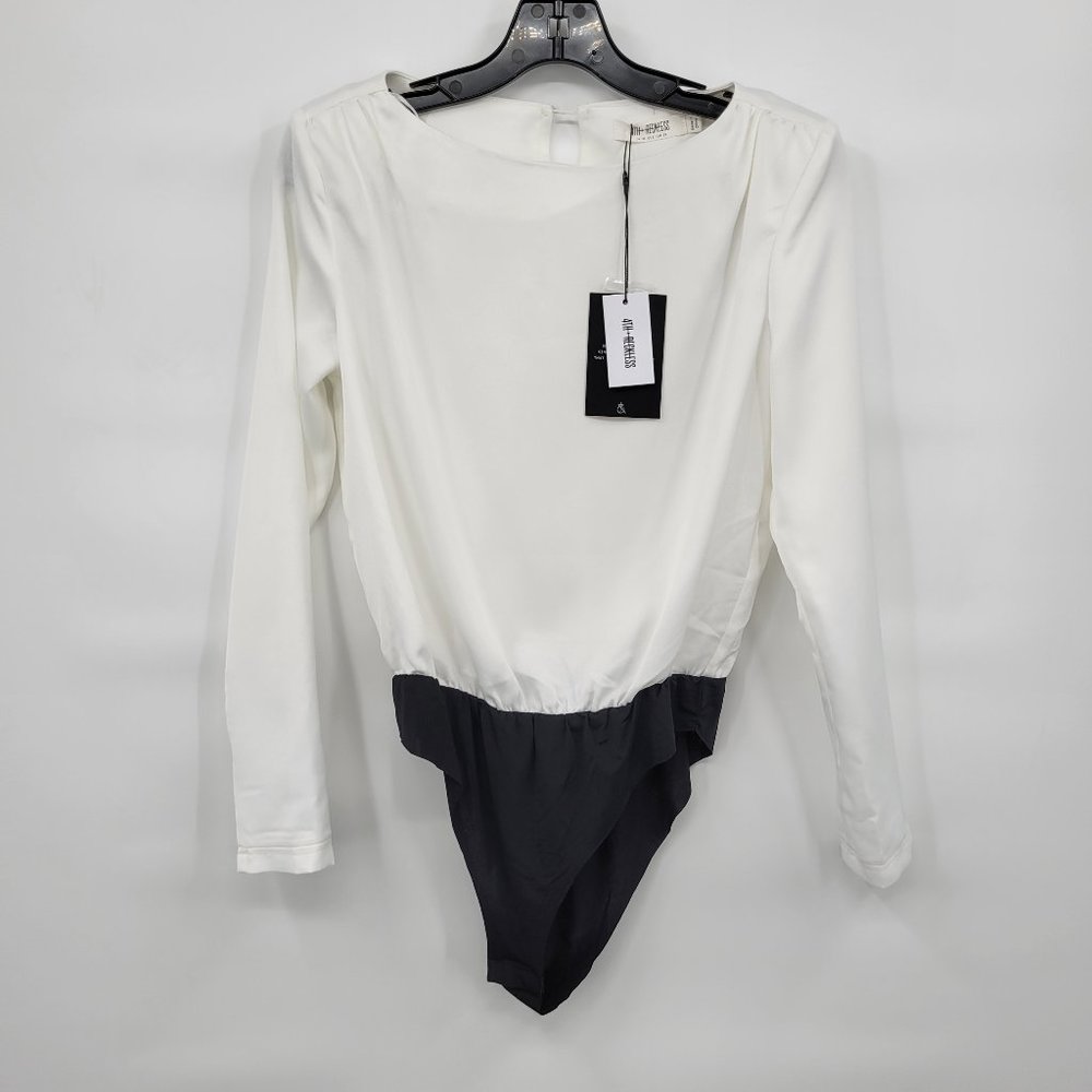 Two-Tone White and Black Long-Sleeve Bodysuit